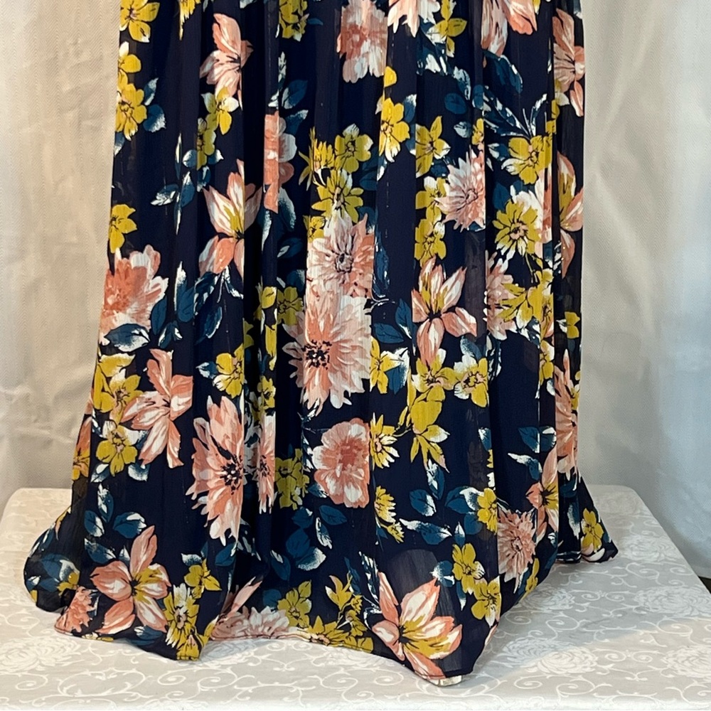 Lulus MIDI Floral Dress Blue Ruched Waist Flounce Skirt Slit Spaghetti Straps L - Picture 12 of 16